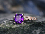 1.4Ct Cushion Cut Purple Amethyst Diamond Accent Promise Ring 14K Rose Gold Over