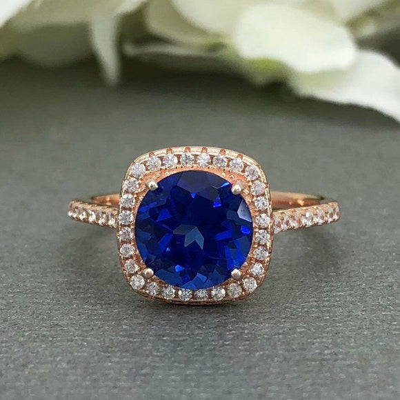 2ct Round Cut Blue Sapphire Halo Solitaire Engagement Ring 14k Rose Gold Finish