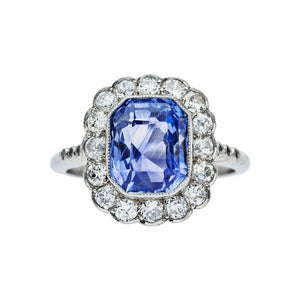 2.6ct Emerald Cut Blue Tanzanite Engagement Ring Vintage Halo 14k WhiteGold Over