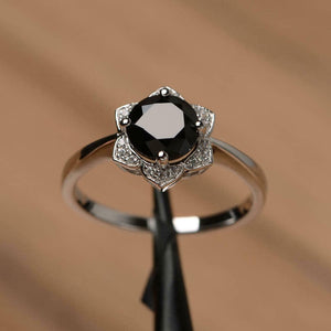 1.2ct Engagement Ring Round Black Diamond Flower Solitaire 14k White Gold Finish