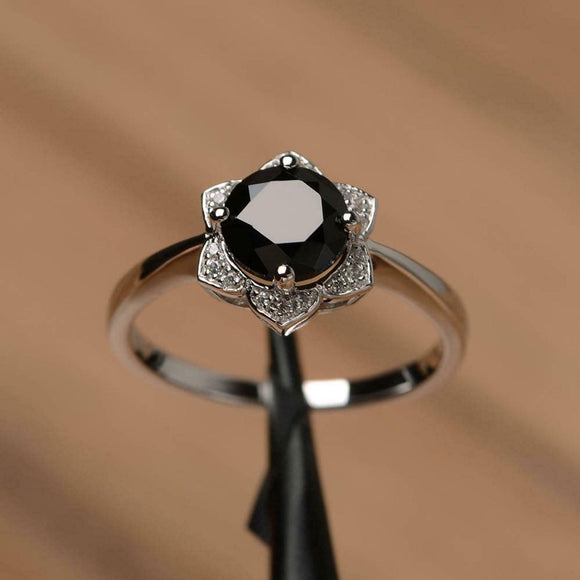 1.2ct Engagement Ring Round Black Diamond Flower Solitaire 14k White Gold Finish