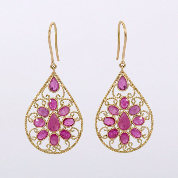 3ct Drop Earrings Pear Oval Cut Pink Ruby Filigree 14k Yellow Gold Finish