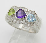 4ct Heart Cut Amethyst Peridot Aquamarine Engagement Ring 14k White Gold Finish