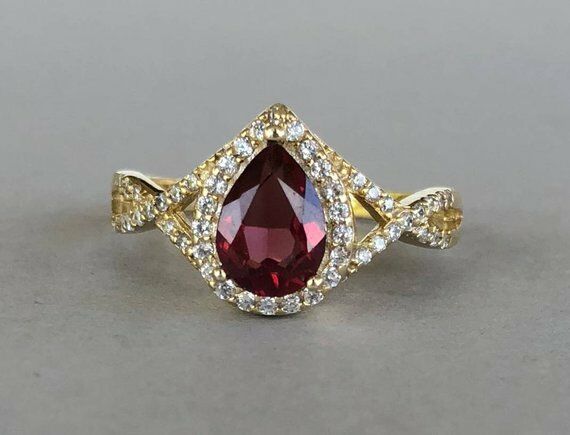 1.9ct Pear Cut Red Garnet Halo Infinity Engagement Ring 14k Yellow Gold Finish