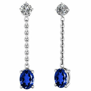 2ct Oval Blue Sapphire Chain Vertical Drop Dangle Earrings 14k White Gold Finish