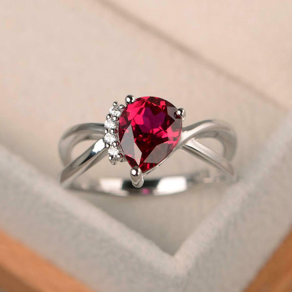 1ct Pear Cut Pink Ruby Split Band Solitaire Round Accent Ring 14k WhiteGold Over