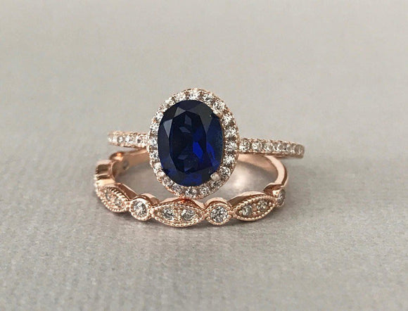 1.2ct Oval Cut Blue Sapphire Halo Bridal Set Engagement Ring 14k RoseGold Finish