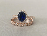 1.2ct Oval Cut Blue Sapphire Halo Bridal Set Engagement Ring 14k RoseGold Finish