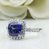 2.4ct Cushion Cut Blue Sapphire Engagement Ring Diamond Halo 14k White Gold Over