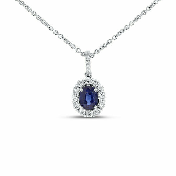 2.5ct Blue Sapphire Oval Cut Diamond Halo Pendant Chain 14k White Gold Finish