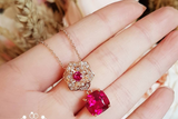 3ct Cushion Cut Pink Ruby Pendant with Chain Flower Design 14k Rose Gold Finish