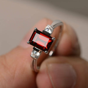 1.2ct Emerald Cut Red Garnet Engagement Ring 14k WhiteGold Finish Diamond Accent