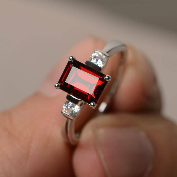 1.2ct Emerald Cut Red Garnet Engagement Ring 14k WhiteGold Finish Diamond Accent