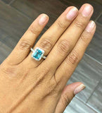 2.2ct Emerald Cut Blue Topaz Engagement Ring Diamond Halo 14k White Gold Finish