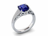 3ct Cushion Cut Blue Sapphire Cluster Accent Milgrain Ring 14k White Gold Finish