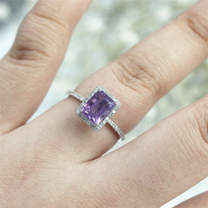 3Ct Emerald Cut Amethyst Diamond Accent Halo Engagement Ring 14K White Gold Over