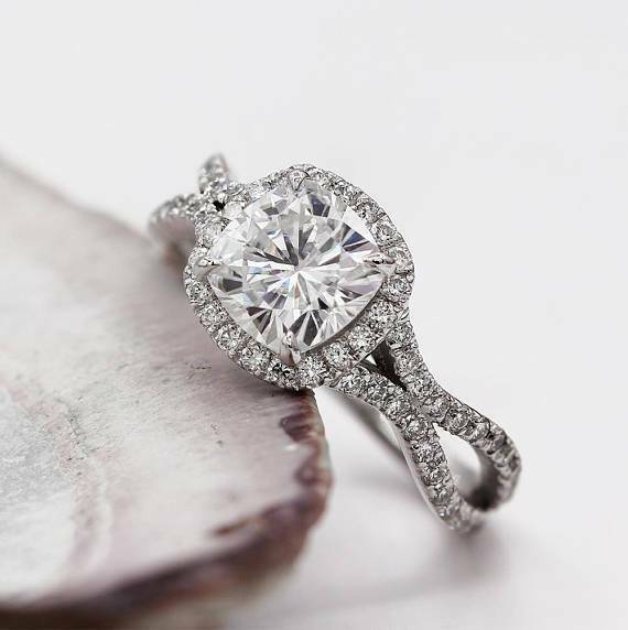 3Ct Cushion Cut Diamond Unique Split Shank Engagement Ring 14K White Gold Finish