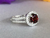 2ct Round Cut Red Garnet Halo Split Shank Engagement Ring 14k White Gold Finish