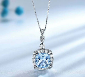 2ct Blue Topaz Pendant Cushion Cut Diamond Halo 14k White Gold Finish NO CHAIN