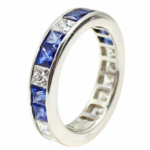 3.2ct Princess Cut Blue Sapphire Channel Set Wedding Band 14k White Gold Finish