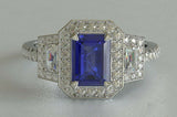 3ct Emerald Cut Blue Sapphire Engagement Ring Halo Trilogy 14k White Gold Finish