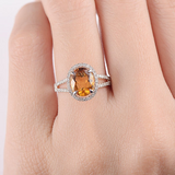 2ct Oval Cut Yellow Citrine Halo Diamond Split Shank Ring 14k White Gold Finish