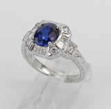 2.2ct Oval Blue Sapphire Art Deco Vintage Engagement Ring 14k White Gold Finish