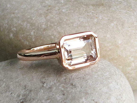 1.2ct Emerald Cut Peach Morganite Engagement Ring Bezel Set 14k Rose Gold Finish