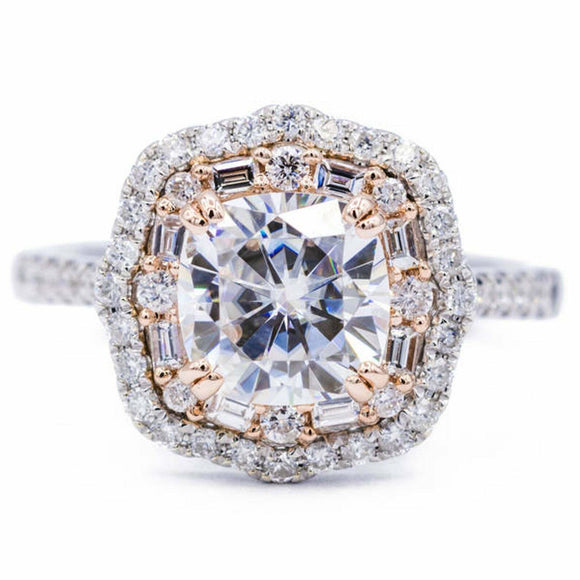 3.7ct Cushion Cut VVS1D Diamond Engagement Ring Double Halo 14k Dual Gold Finish