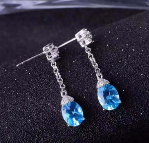 2ct Oval Blue Topaz Chain Vertical Drop Dangle Earrings 14k White Gold Finish