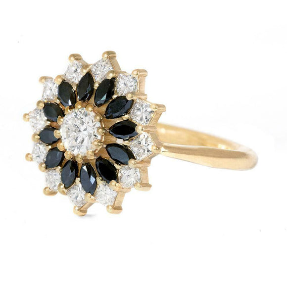 2.2ct Round Cut Black & White Diamond Flower Cluster Ring 14k Yellow Gold Finish