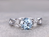 1.5ct Round Cut Blue Aquamarine Floral Leaf Design Ring 14k White Gold Finish