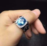 3.5ct Oval Cut Blue Topaz Halo Signet Engagement Men Ring 14k White Gold Finish