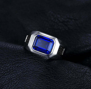 4ct Emerald Cut Blue Sapphire Signet Men Engagement Ring 14k White Gold Finish