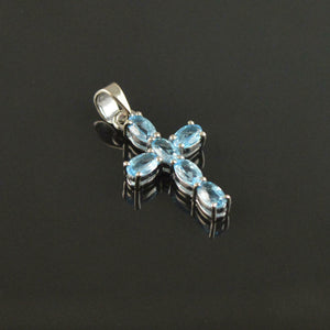 1.5ct Blue Topaz Pendant Oval Cut Christ Cross 14k White Gold Over NO CHAIN