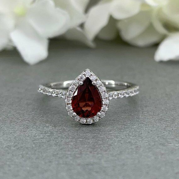 2ct Pear Cut Red Garnet Accents Solitaire Engagement Ring 14k White Gold Finish