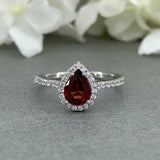 2ct Pear Cut Red Garnet Accents Solitaire Engagement Ring 14k White Gold Finish