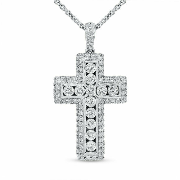 3.4ct Diamond Round Cut Iced Wide Cross Pendant with Chain 14k White Gold Finish