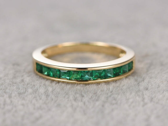 2ct Princess Cut Green Emerald Wedding Band Half Eternity 14k Yellow Gold Finish