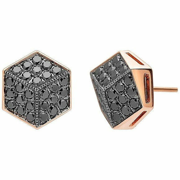 1.5ct Round Cut Black Diamond Cube Cluster Stud Earrings 14k Rose Gold Finish