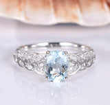 1.9ct Oval Cut Blue Aquamarine Leaf Design Engagement Ring 14k White Gold Finish