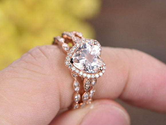 6Ct Heart Cut Peach Morganite Trio Set Halo Diamond Vintage 14K Rose Gold Finish