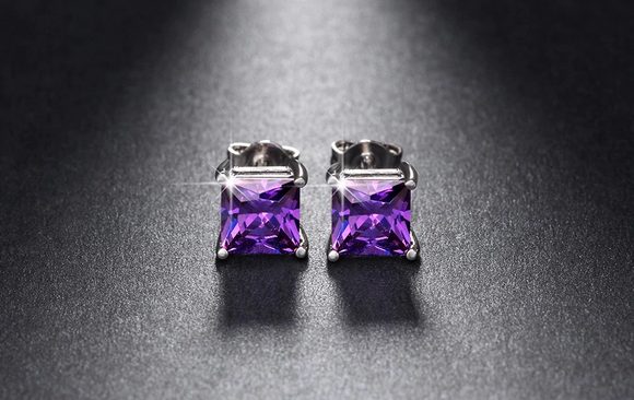 1.5ct Princess Cut Purple Amethyst Solitaire Stud Earrings 14k White Gold Finish