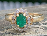 3ct Engagement Ring Oval Cut Emerald Vintage Inspired Halo 14k YellowGold Finish