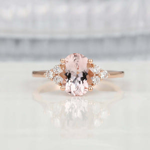 2ct Oval Cut Peach Morganite Solitaire with Round Accent Ring 14k Rose Gold Over