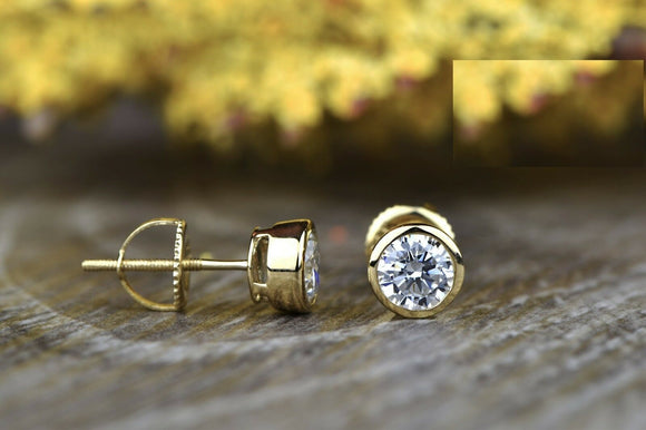 1ct Round Cut VVS1D Diamond Bezel Screwback Stud Earrings 14k Yellow Gold Finish