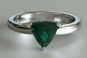 1ct Trillion Cut Green Emerald Engagement Ring Solitaire 14k White Gold Finish