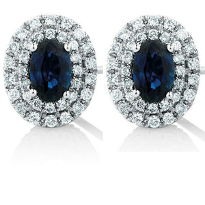 2ct Oval Cut Blue Sapphire Diamond Double Halo Stud Earrings 14k White Gold Over