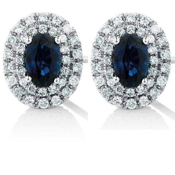 2ct Oval Cut Blue Sapphire Diamond Double Halo Stud Earrings 14k White Gold Over