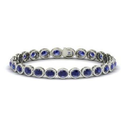 20Ct Round Blue Sapphire Diamond Halo Royal Tennis Bracelet 14K White Gold Over